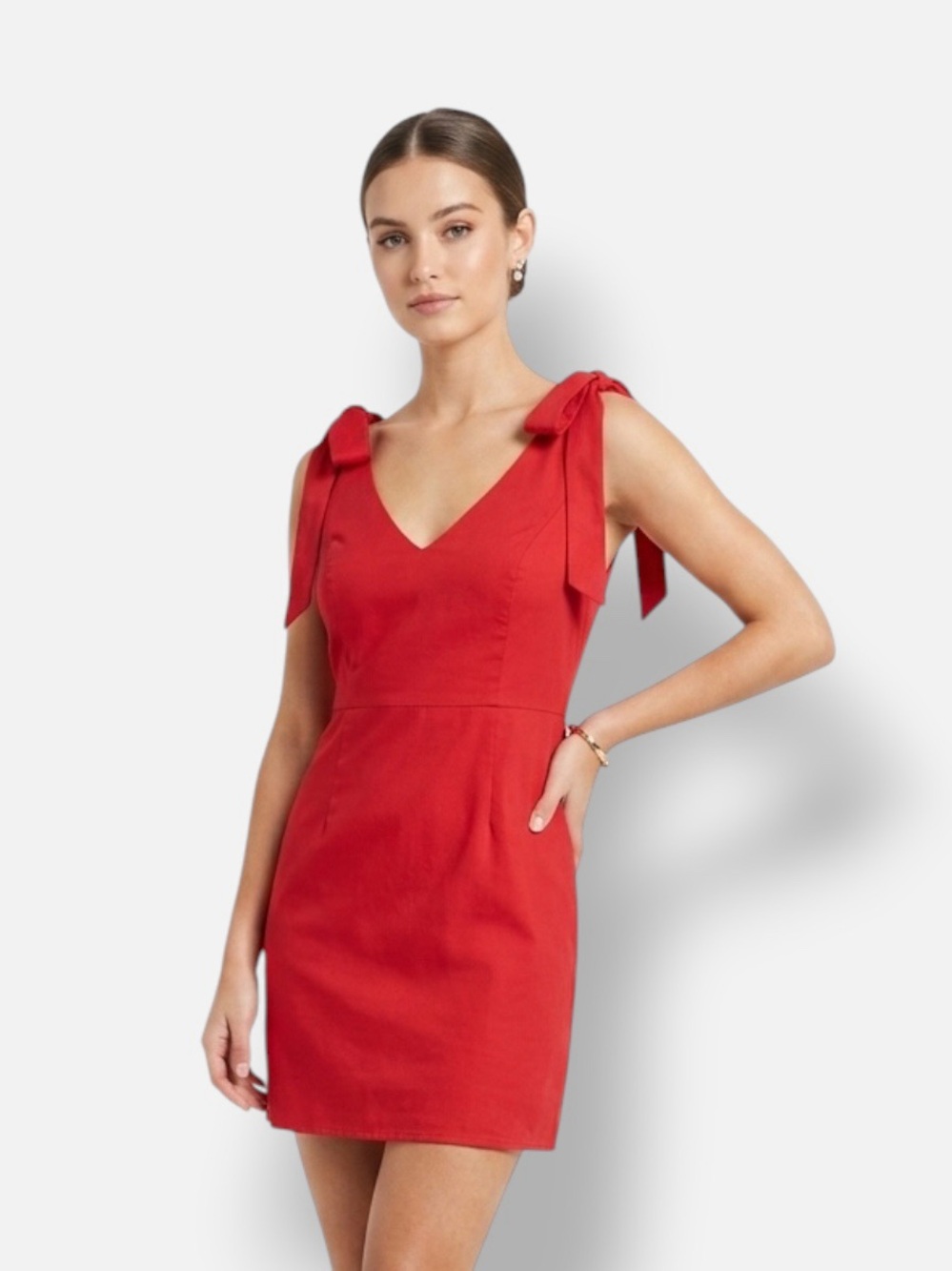 Atmos&Here, Cherry-Red V-Neck Tie-Strap Mini Dress - L